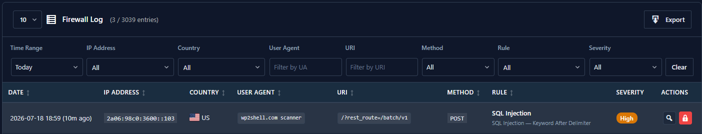 WordSec firewall log blocking a wp2shell scanner POST to the batch endpoint